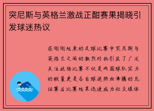 突尼斯与英格兰激战正酣赛果揭晓引发球迷热议